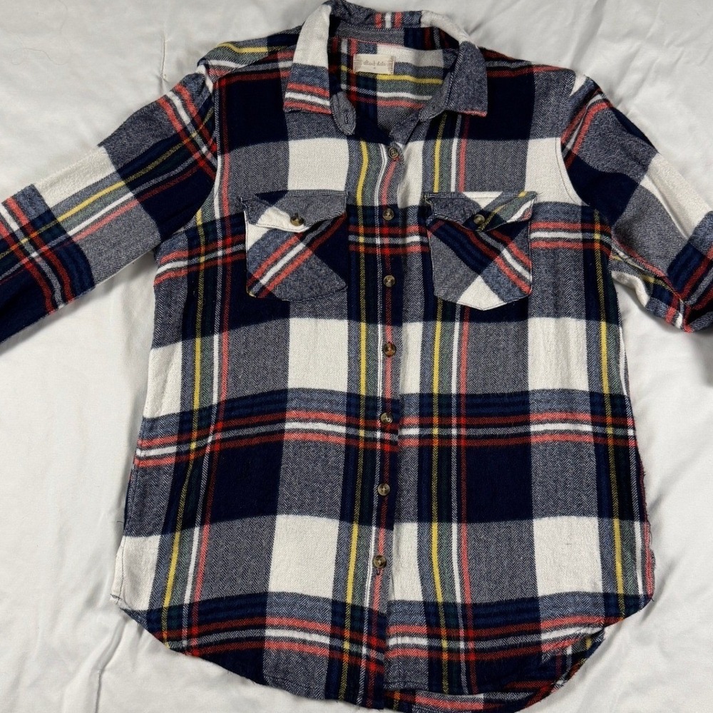 Altar'd State Navy White Red Yellow‎ Plaid Flannel Button Down Shirt Size M